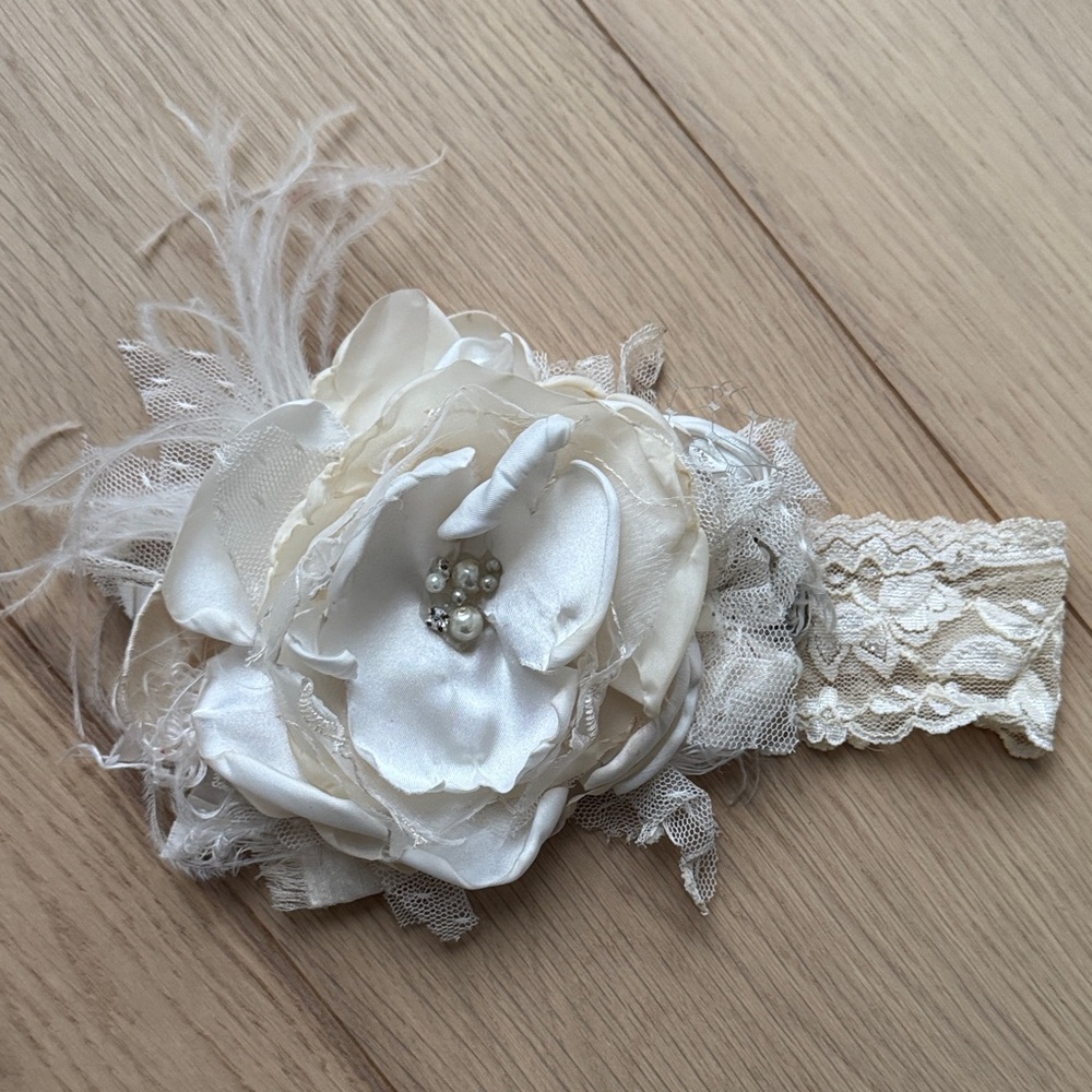 Elegant Cream Lace, Satin Flower and Feather Handmade Headband
